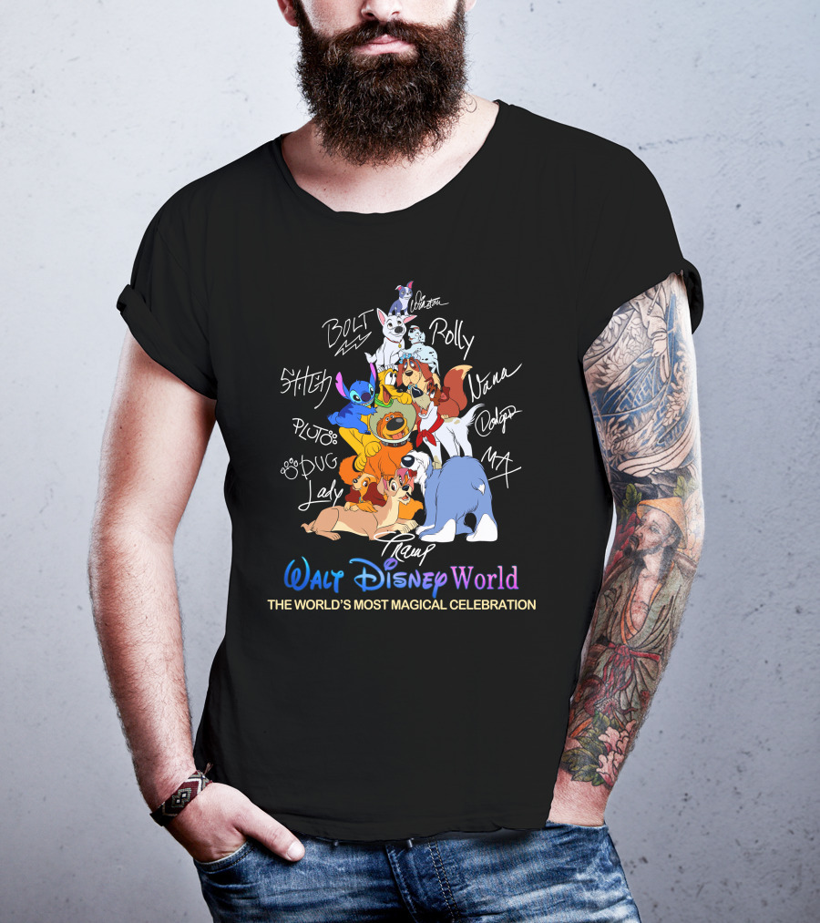 Walt Disney World Dogs Celebration Stitch Pluto Bolt Lady Tramp Nana Dodger Max Pongo Rolly T-Shirt