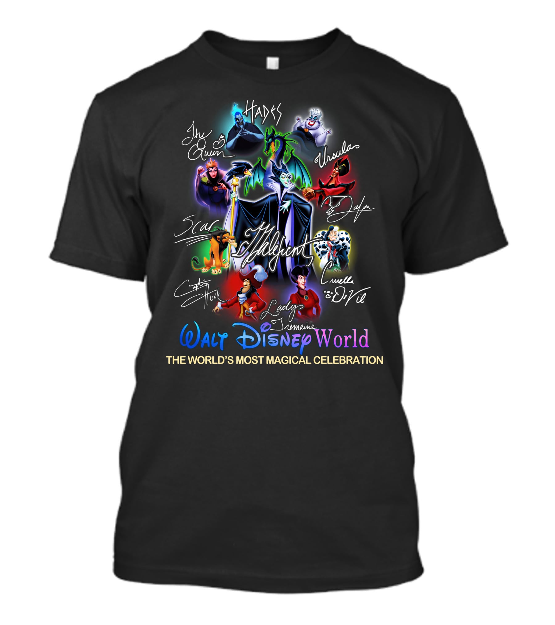 Walt Disney World The World's Most Magical Celebration Villains Hades Ursula Jafar The Queen Scar Cruella De Vil Captain Hook Lady Tremaine Maleficent T-Shirt