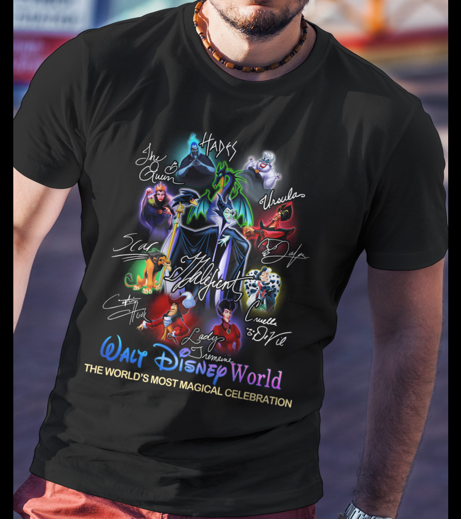 Walt Disney World The World's Most Magical Celebration Villains Hades Ursula Jafar The Queen Scar Cruella De Vil Captain Hook Lady Tremaine Maleficent T-Shirt