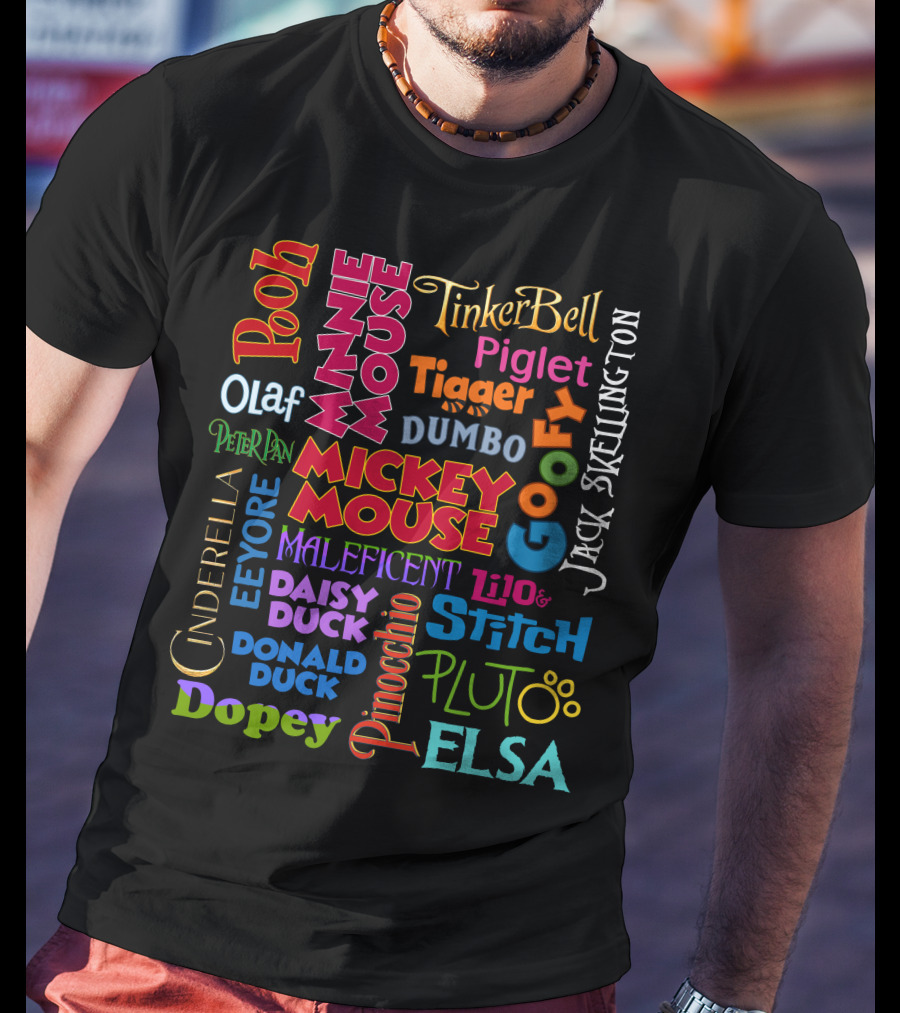 Mickey Minnie Daisy Donald Tinker Bell Elsa Olaf Goofy Lilo Stitch Dumbo Pooh Piglet Eeyore Tigger Cinderella Peter Pan Jack Skellington Maleficent Pinocchio Pluto Dopey T-Shirt