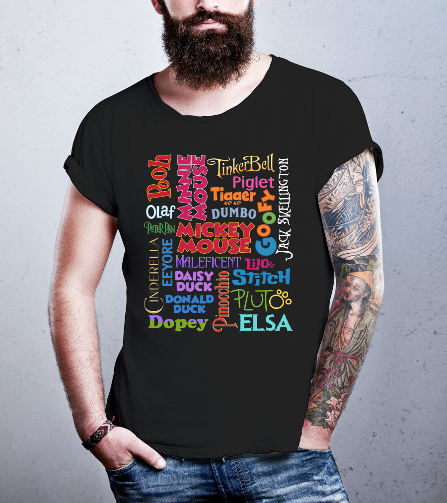 Mickey Minnie Daisy Donald Tinker Bell Elsa Olaf Goofy Lilo Stitch Dumbo Pooh Piglet Eeyore Tigger Cinderella Peter Pan Jack Skellington Maleficent Pinocchio Pluto Dopey T-Shirt