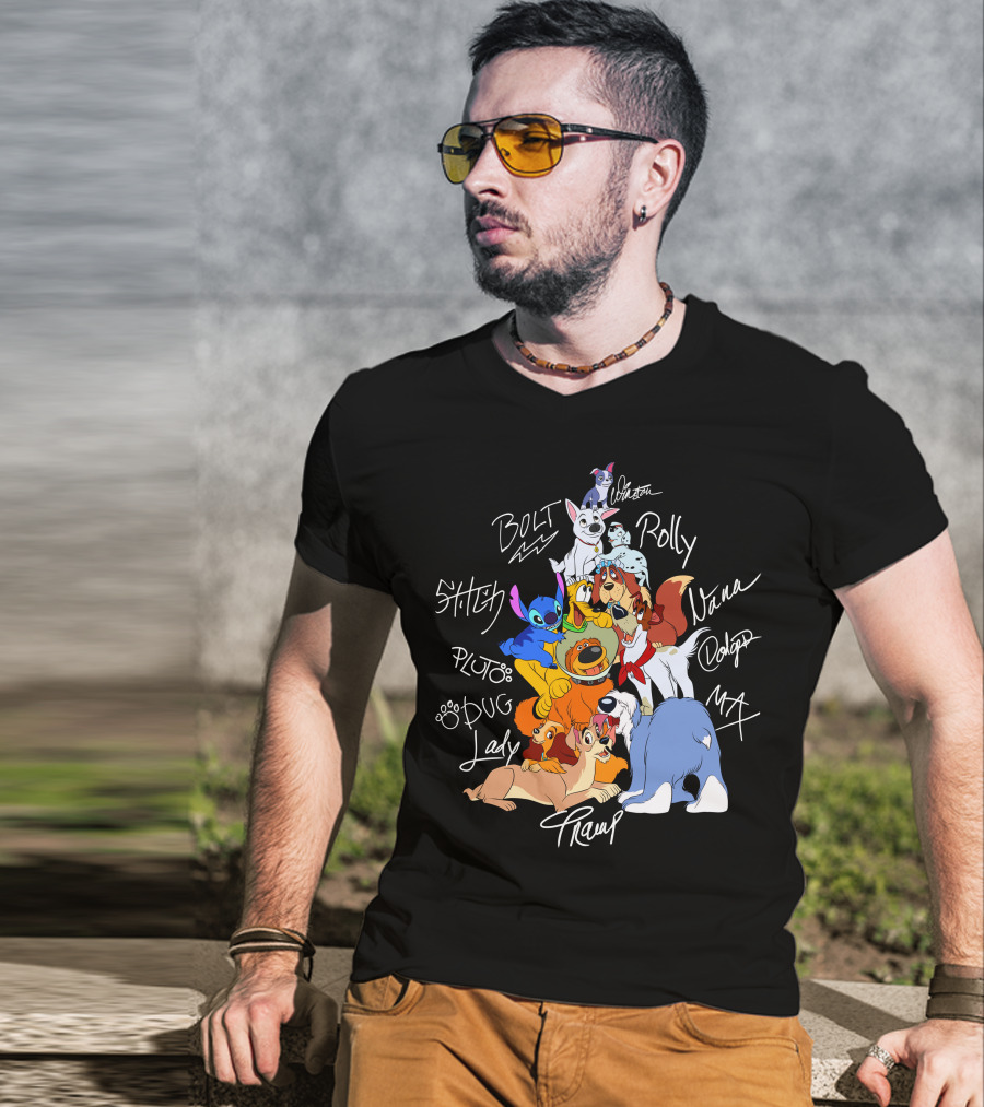 Disney Dogs Bolt Stitch Pluto Dug Lady Tramp Max Nana Dodger Rolly T-Shirt