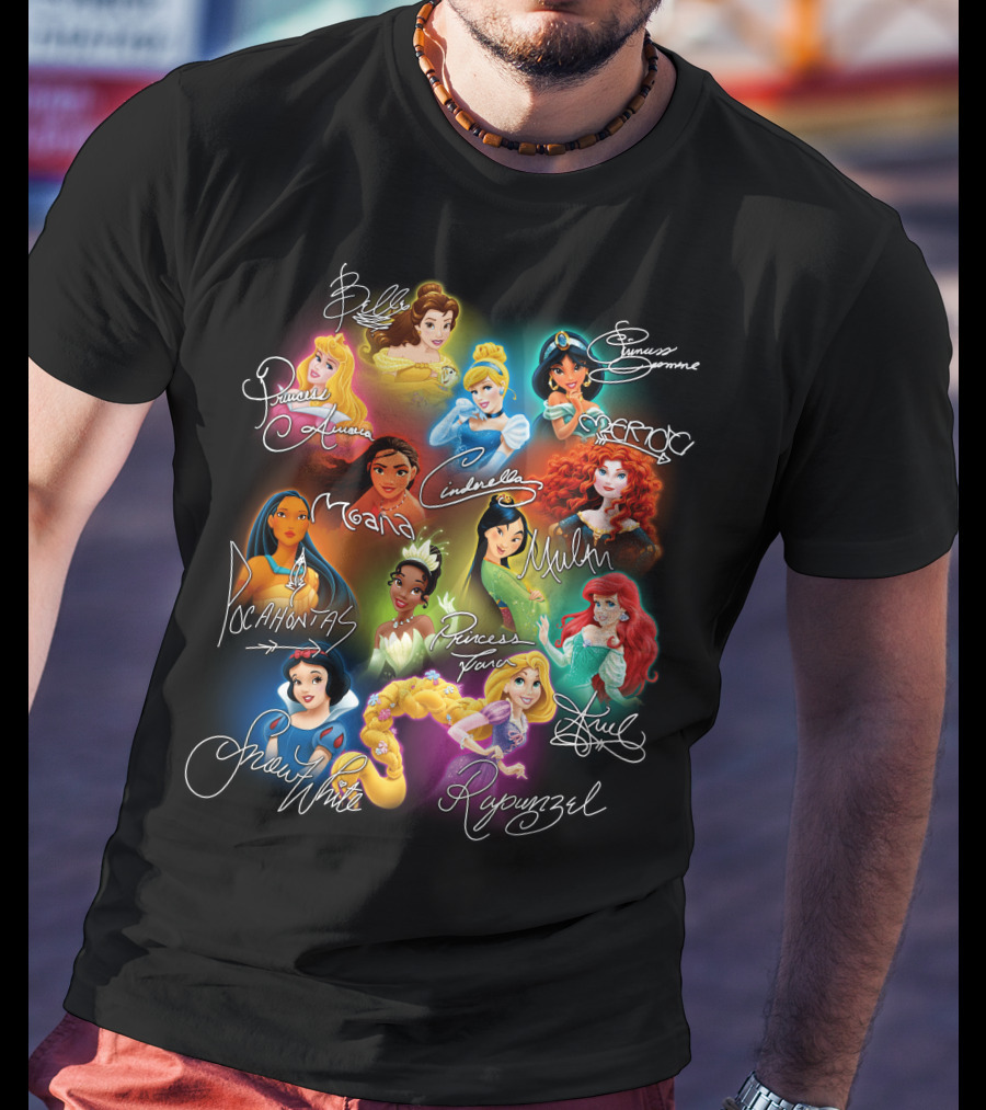 Belle Aurora Moana Pocahontas Snow White Jasmine Rapunzel Cinderella Tiana Mulan Ariel Merida T-Shirt