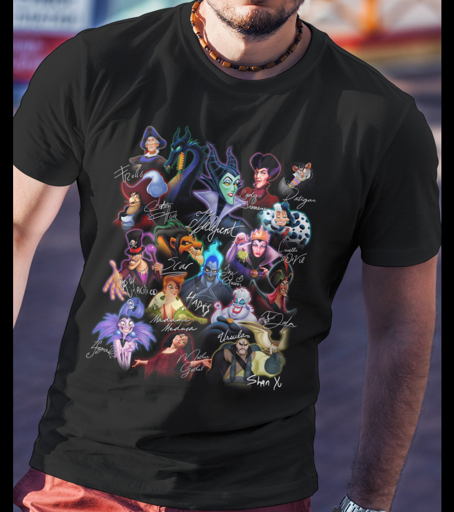 Disney Villains Maleficent Captain Hook Scar Ursula Hades Cruella De Vil Jafar Dr. Facilier Lady Tremaine Gaston Maleficent Evil Queen Shan Yu Queen Of Hearts T-Shirt