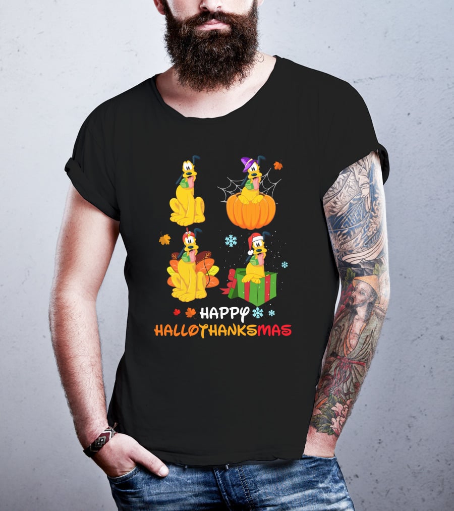 Happy Hallowthanksmas Pluto Pumpkin Leaves Present Snowflakes T-Shirt