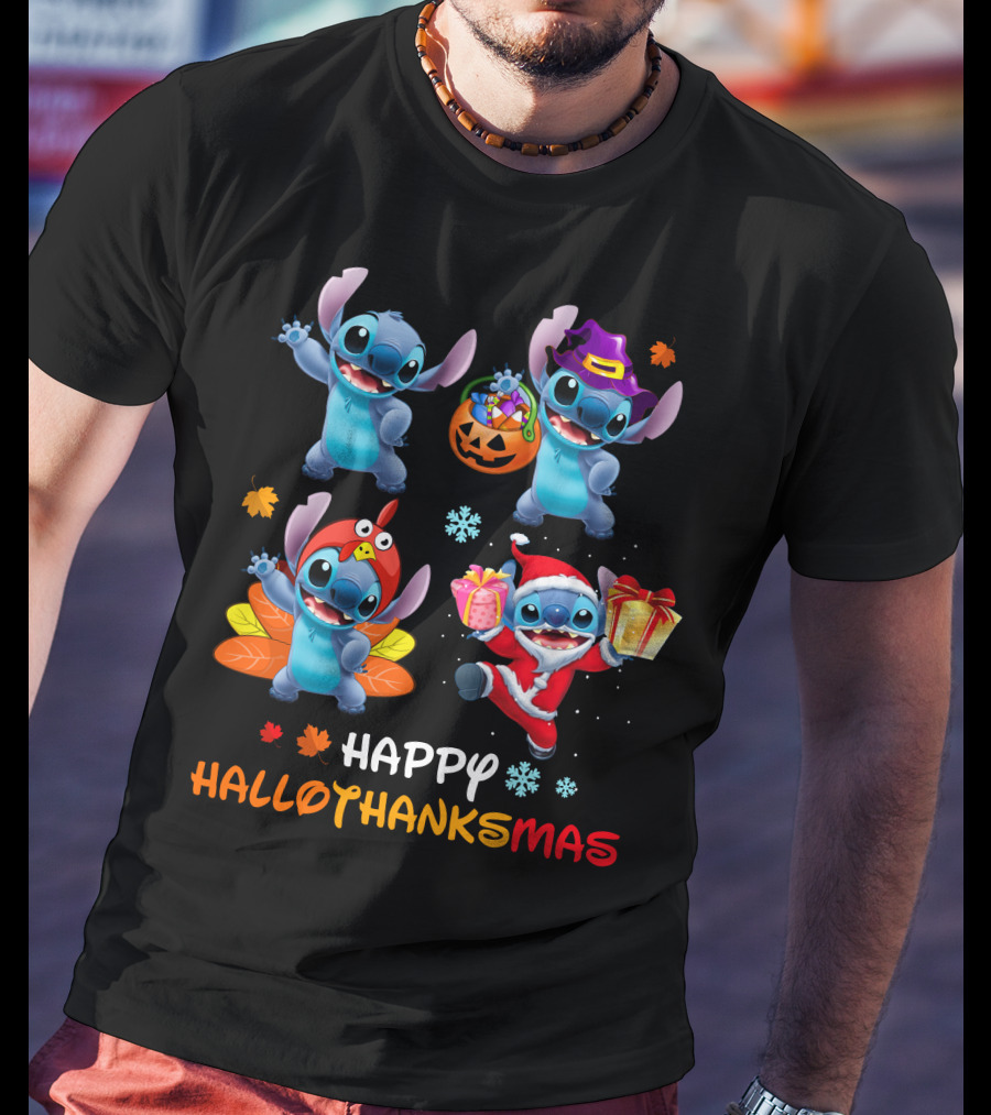 Happy Hallothanksmas Stitch Halloween Thanksgiving Christmas T-Shirt