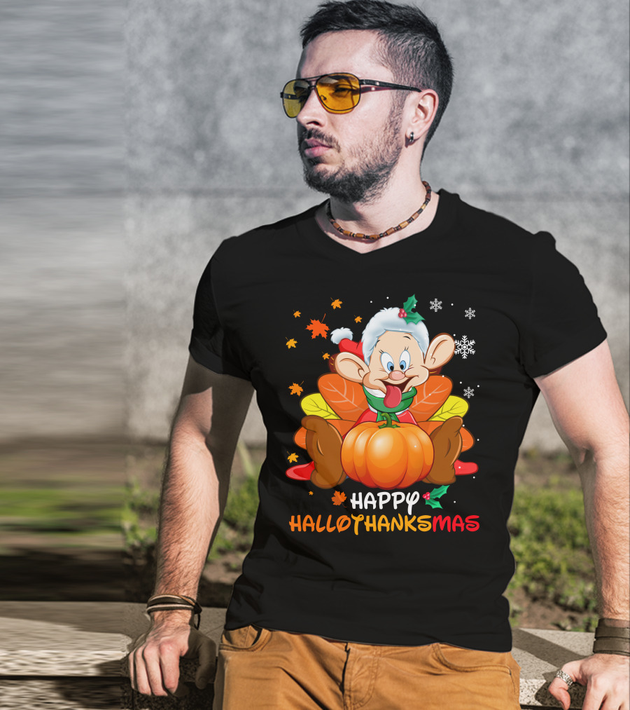 Happy Hallothanksmas Snow White Dwarf Thanksgiving Christmas Halloween T-Shirt