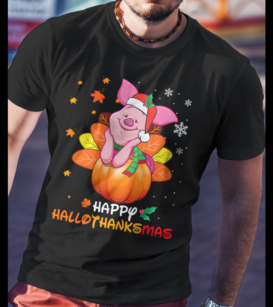 Happy Hallothanksmas Piglet In Pumpkin With Santa Hat And Scarf T-Shirt