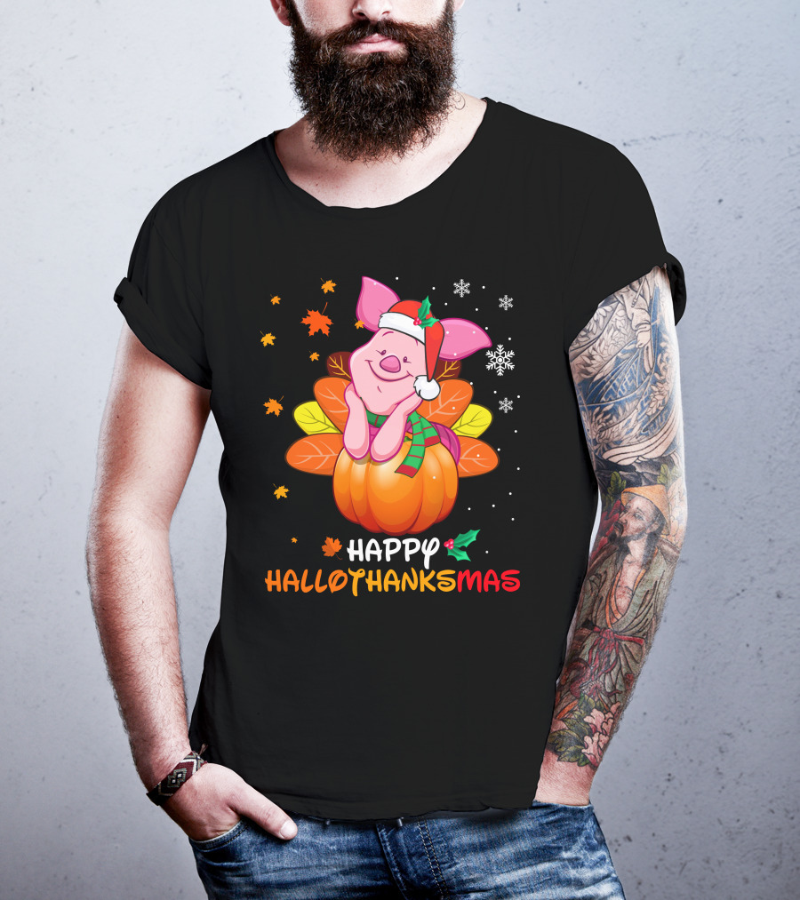 Happy Hallothanksmas Piglet In Pumpkin With Santa Hat And Scarf T-Shirt