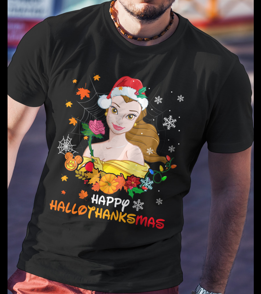 Happy Hallothanksmas - Belle In Santa Hat With Spider Webs Pumpkins And Lights T-Shirt