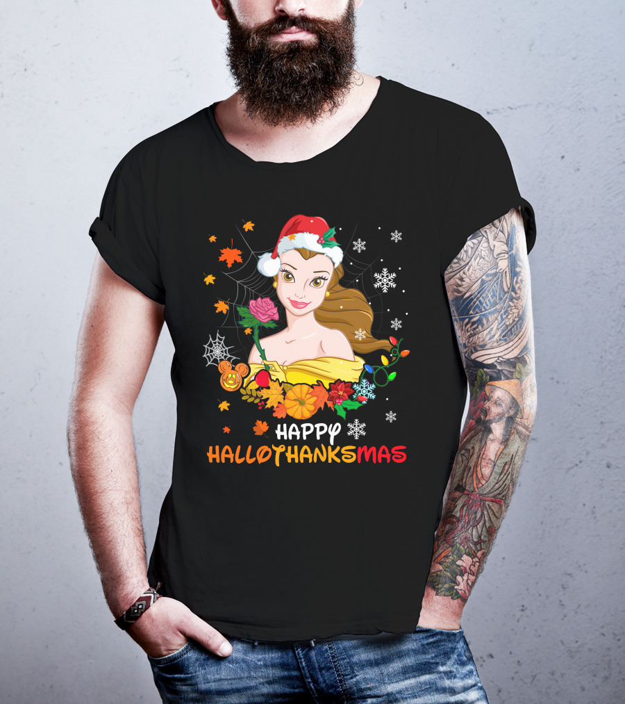 Happy Hallothanksmas - Belle In Santa Hat With Spider Webs Pumpkins And Lights T-Shirt