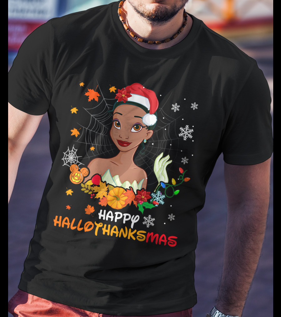 Happy Hallothanksmas Tiana Disney Princess With Santa Hat Spider Web And Holiday Decorations T-Shirt