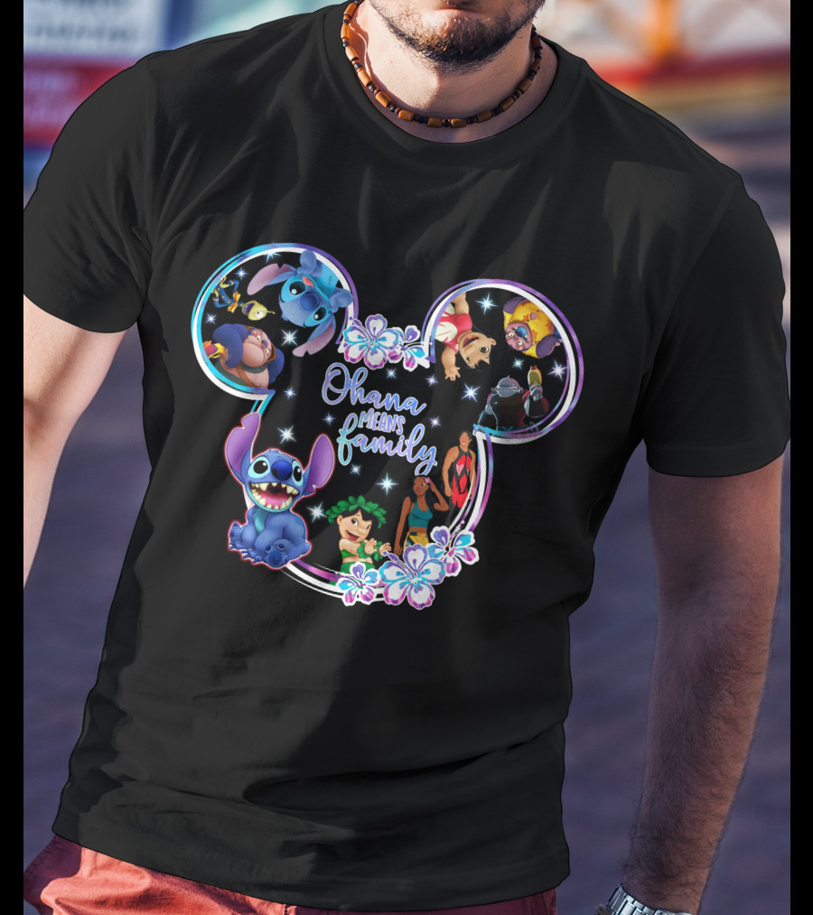 Ohana Means Family Stitch Mickey Ears Disney Characters Floral T-Shirt