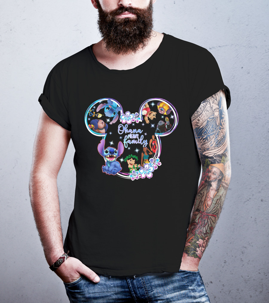 Ohana Means Family Stitch Mickey Ears Disney Characters Floral T-Shirt