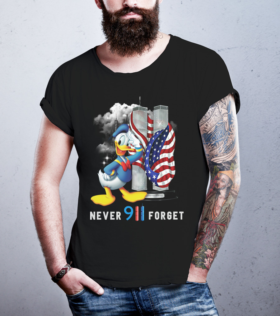 Donald Duck Never 9/11 Forget Twin Towers American Flag T-Shirt