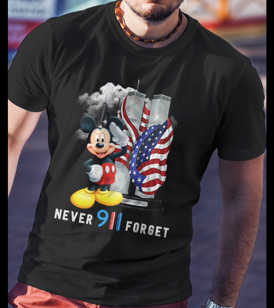 Never 9/11 Forget Mickey Twin Towers American Flag T-Shirt