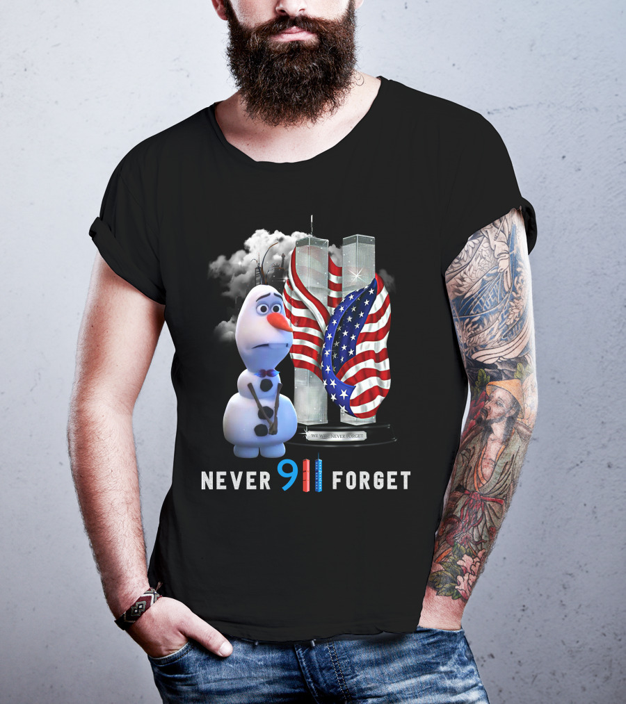 Never Forget Olaf Twin Towers American Flag 9/11 Memorial T-Shirt