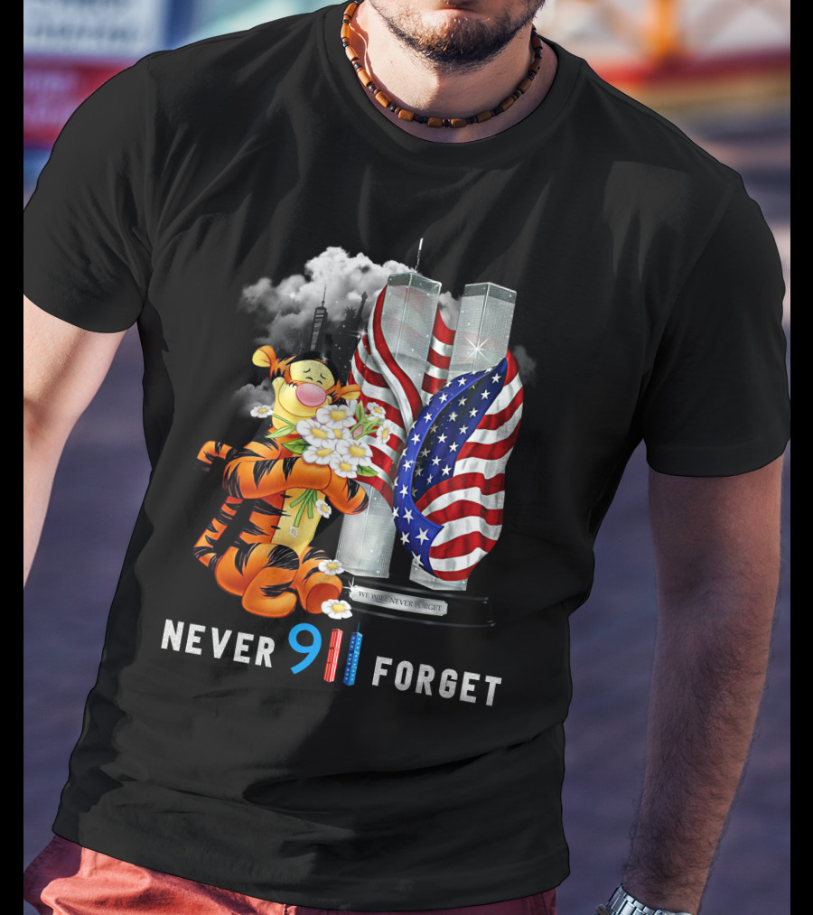 Never 911 Forget Tigger Holding Flowers Twin Towers American Flag T-Shirt