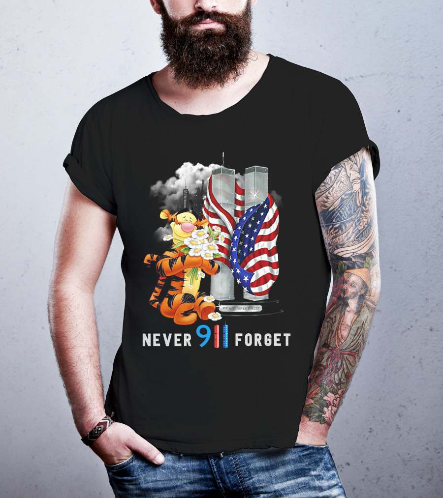Never 911 Forget Tigger Holding Flowers Twin Towers American Flag T-Shirt