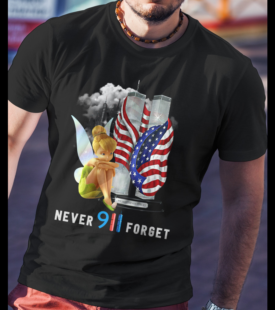 Tinker Bell Never 9/11 Forget Twin Towers American Flag Memorial T-Shirt