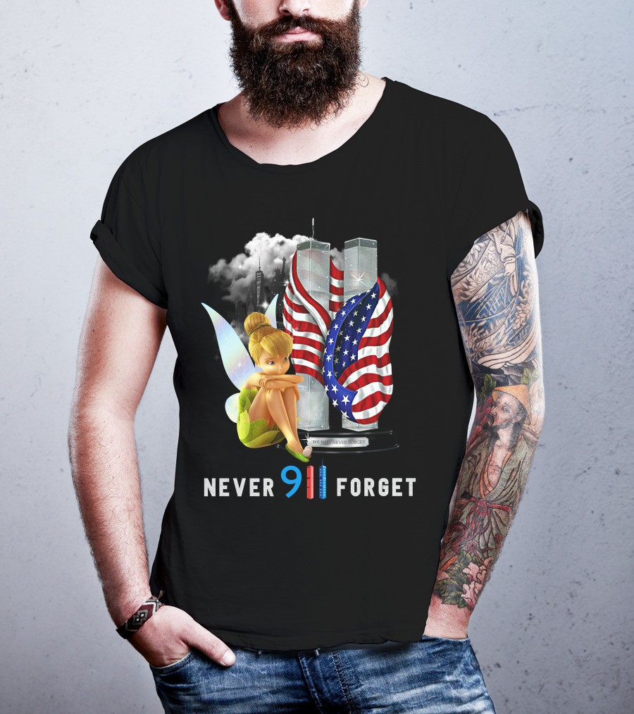 Tinker Bell Never 9/11 Forget Twin Towers American Flag Memorial T-Shirt