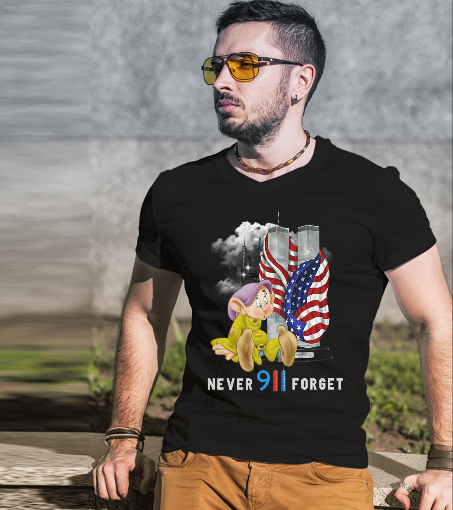 Never 9 11 Forget Dopey D Twin Towers American Flag T-Shirt