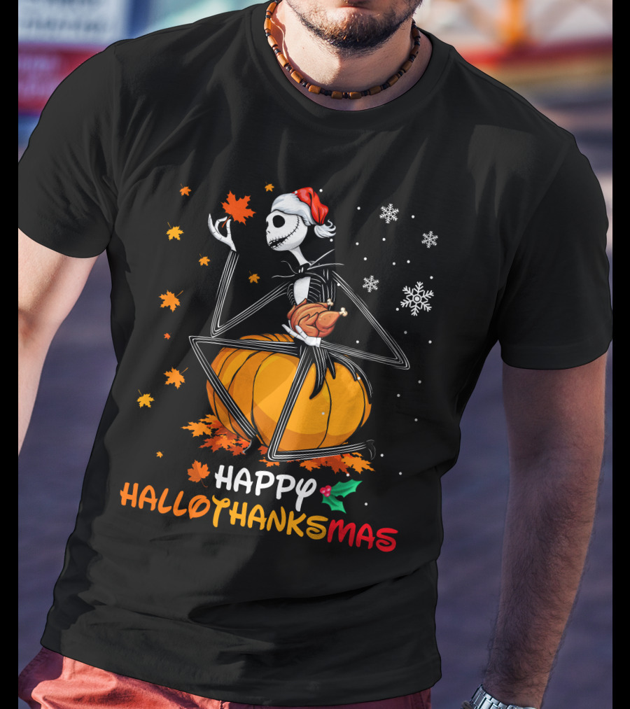 Happy Hallothanksmas Jack Skellington Pumpkin Santa Hat T-Shirt