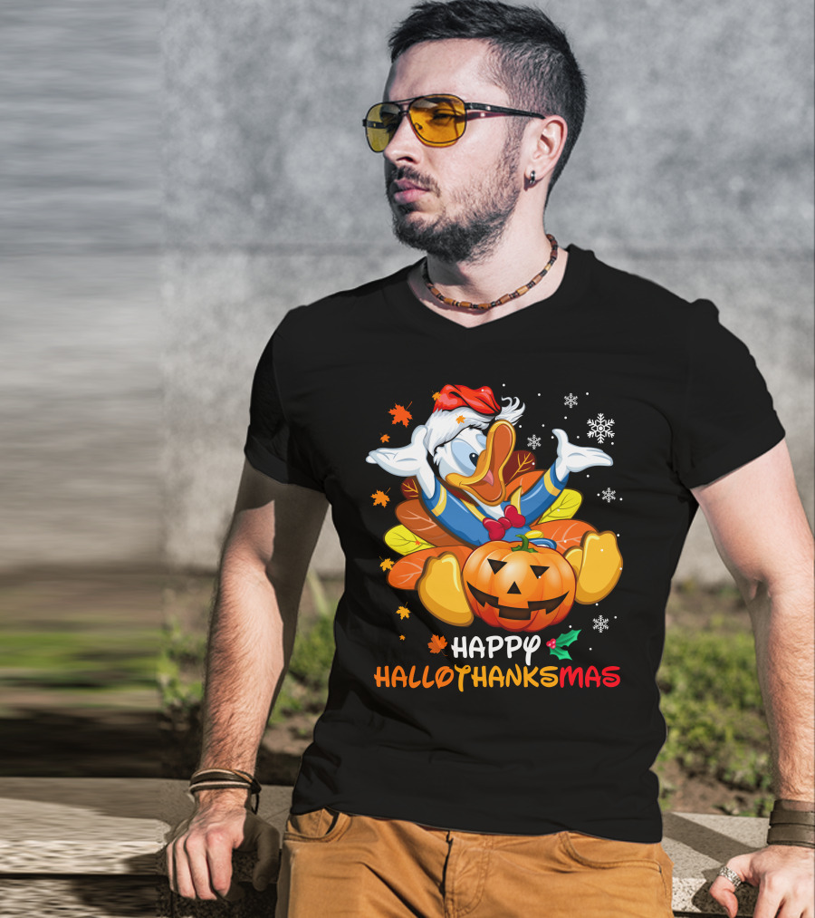 Happy Hallowthanksmas Donald Duck Pumpkin Leaves Snowflakes Santa Hat T-Shirt