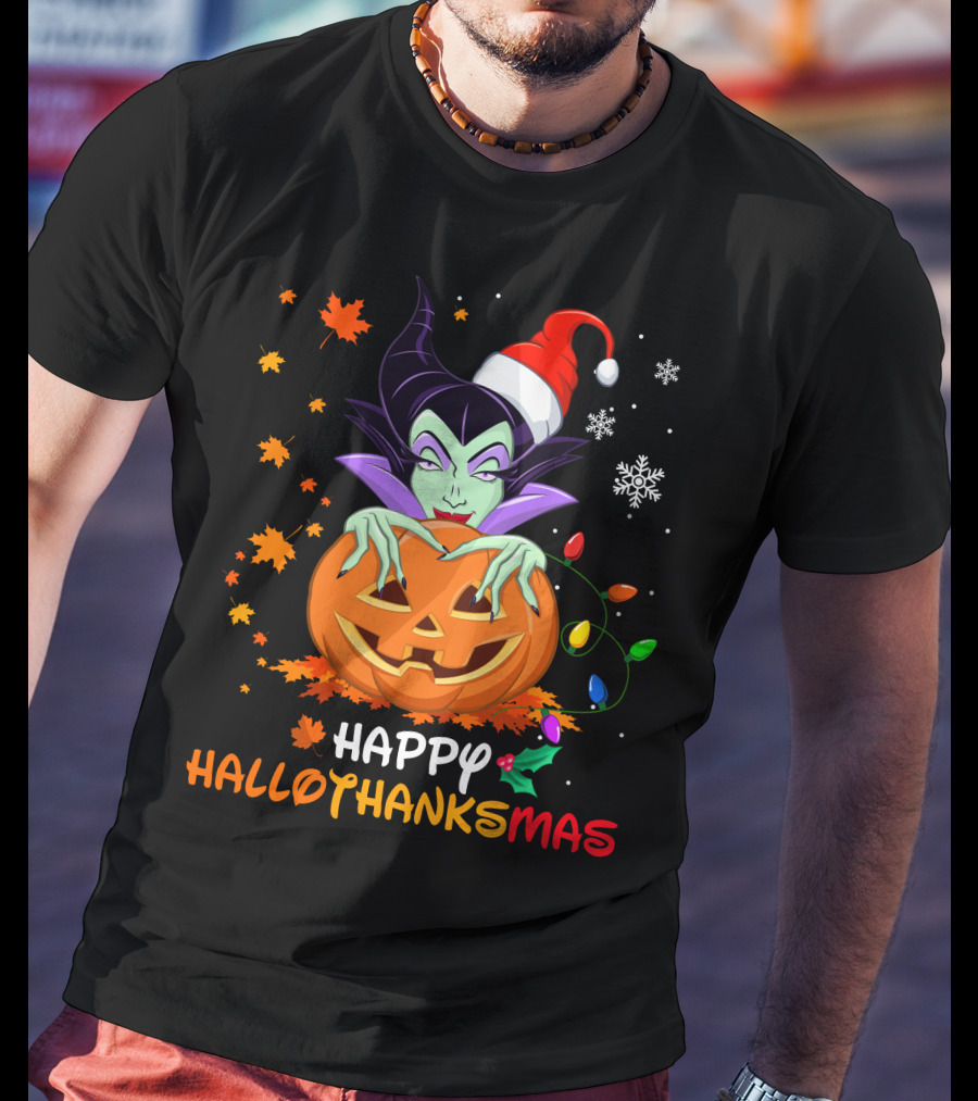 Happy Hallothanksmas Maleficent Pumpkin Holiday Lights T-Shirt
