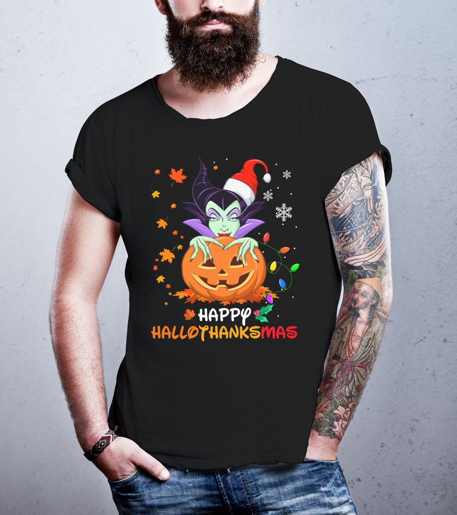 Happy Hallothanksmas Maleficent Pumpkin Holiday Lights T-Shirt