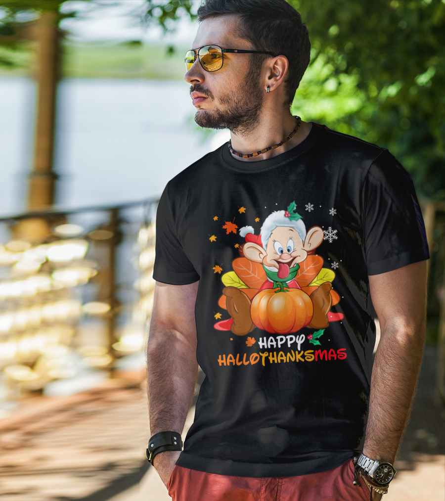 Happy Hallothanksmas Dopey Pumpkin Leaves Snowflakes T-Shirt