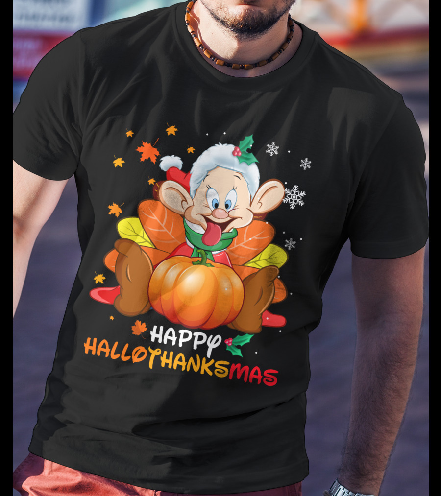 Happy Hallothanksmas Dopey Pumpkin Leaves Snowflakes T-Shirt