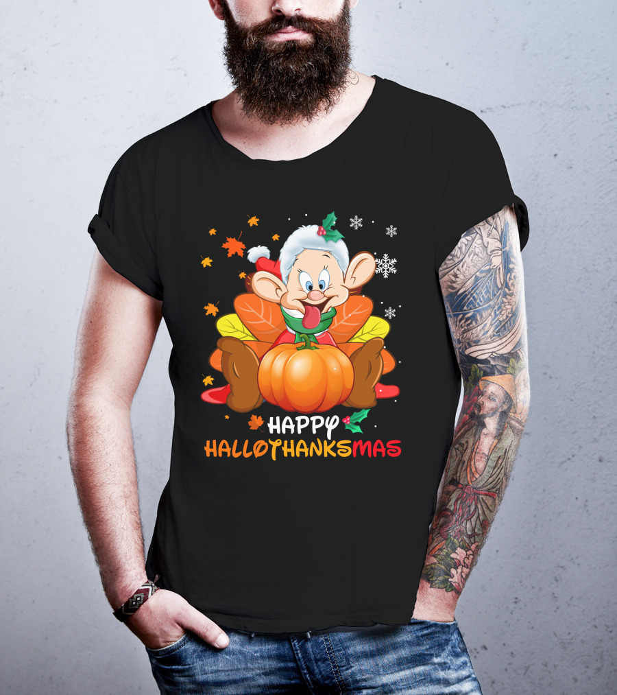 Happy Hallothanksmas Dopey Pumpkin Leaves Snowflakes T-Shirt