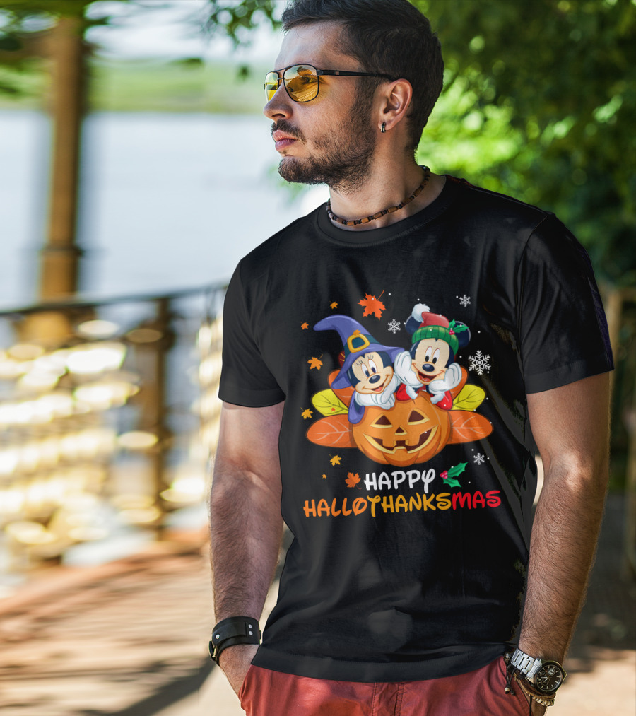Mickey & Minnie Happy Hallothanksmas Pumpkin Snowflakes Leaves T-Shirt