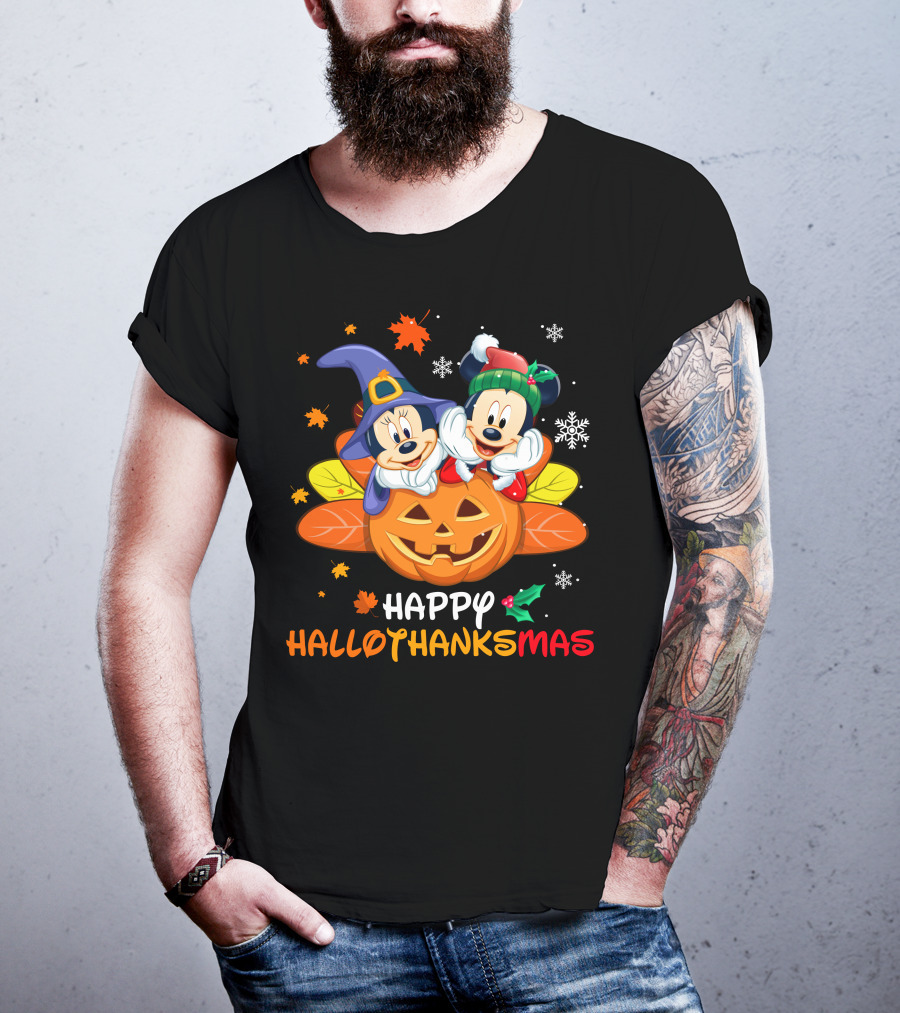 Mickey & Minnie Happy Hallothanksmas Pumpkin Snowflakes Leaves T-Shirt
