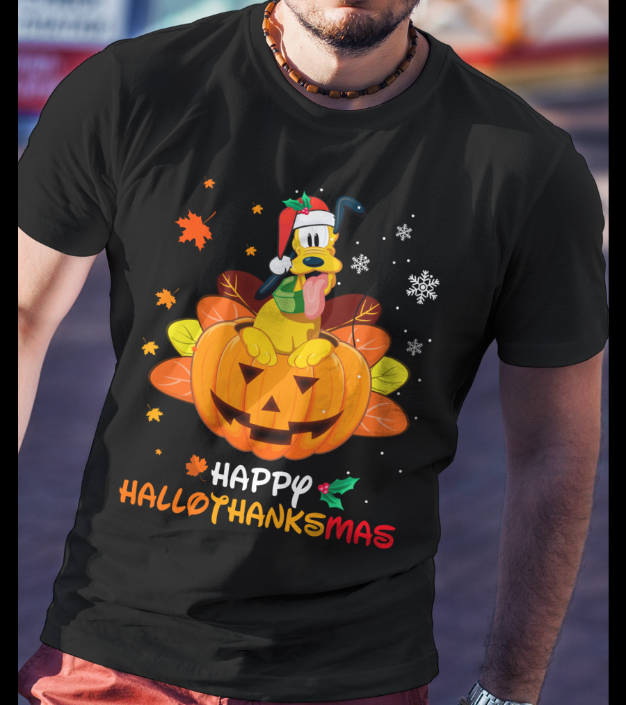 Happy Hallothanksmas Pluto Christmas Halloween Thanksgiving T-Shirt