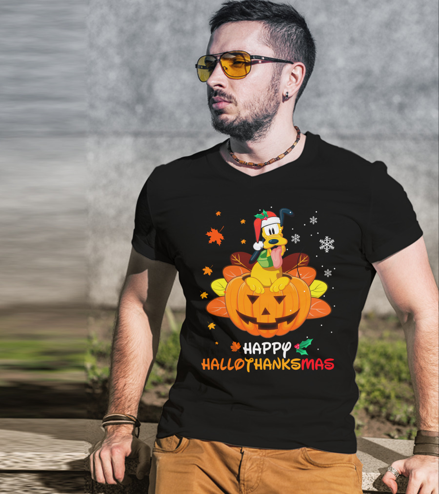 Happy Hallothanksmas Pluto Christmas Halloween Thanksgiving T-Shirt