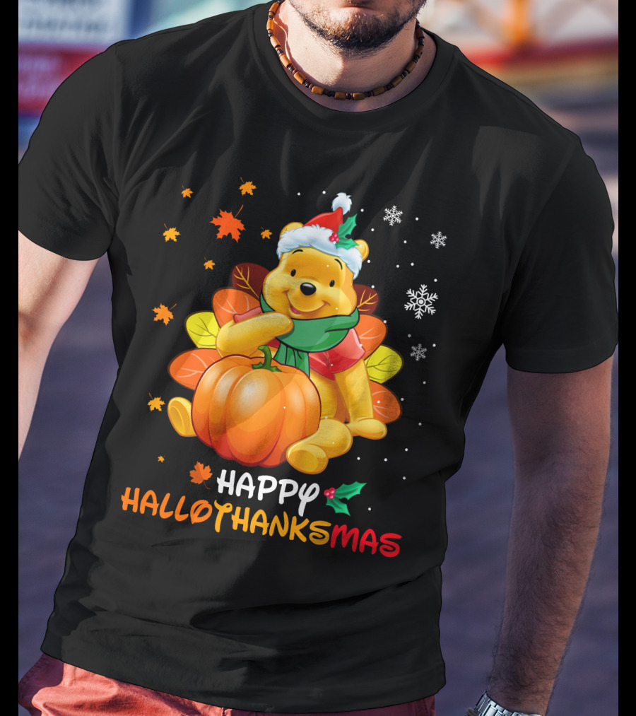 Happy Hallothanksmas Pooh Pumpkin Santa Hat Snowflakes T-Shirt