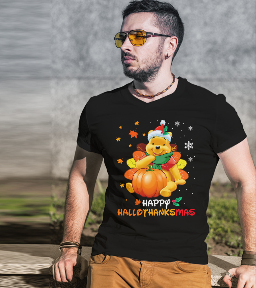 Happy Hallothanksmas Pooh Pumpkin Santa Hat Snowflakes T-Shirt