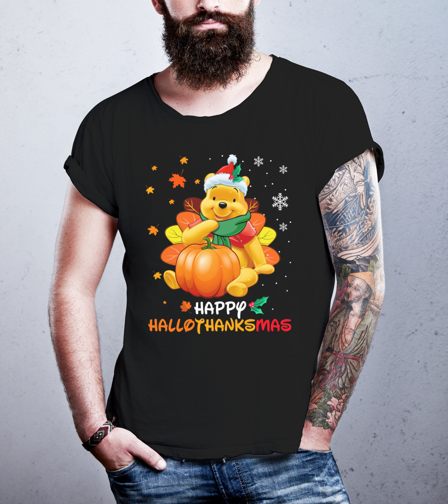 Happy Hallothanksmas Pooh Pumpkin Santa Hat Snowflakes T-Shirt