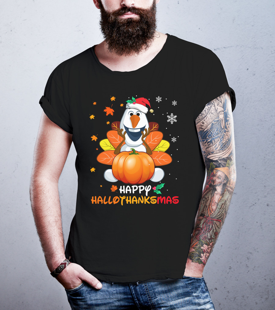 Happy Hallothanksmas Olaf Santa Hat Pumpkin Leaves Snowflakes T-Shirt