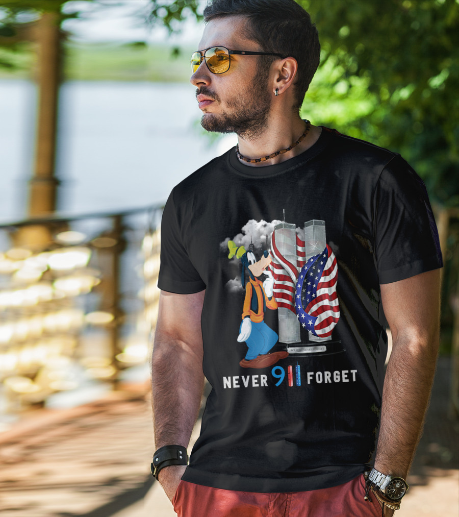 Never Forget Goofy 9/11 Twin Towers American Flag Memorial T-Shirt
