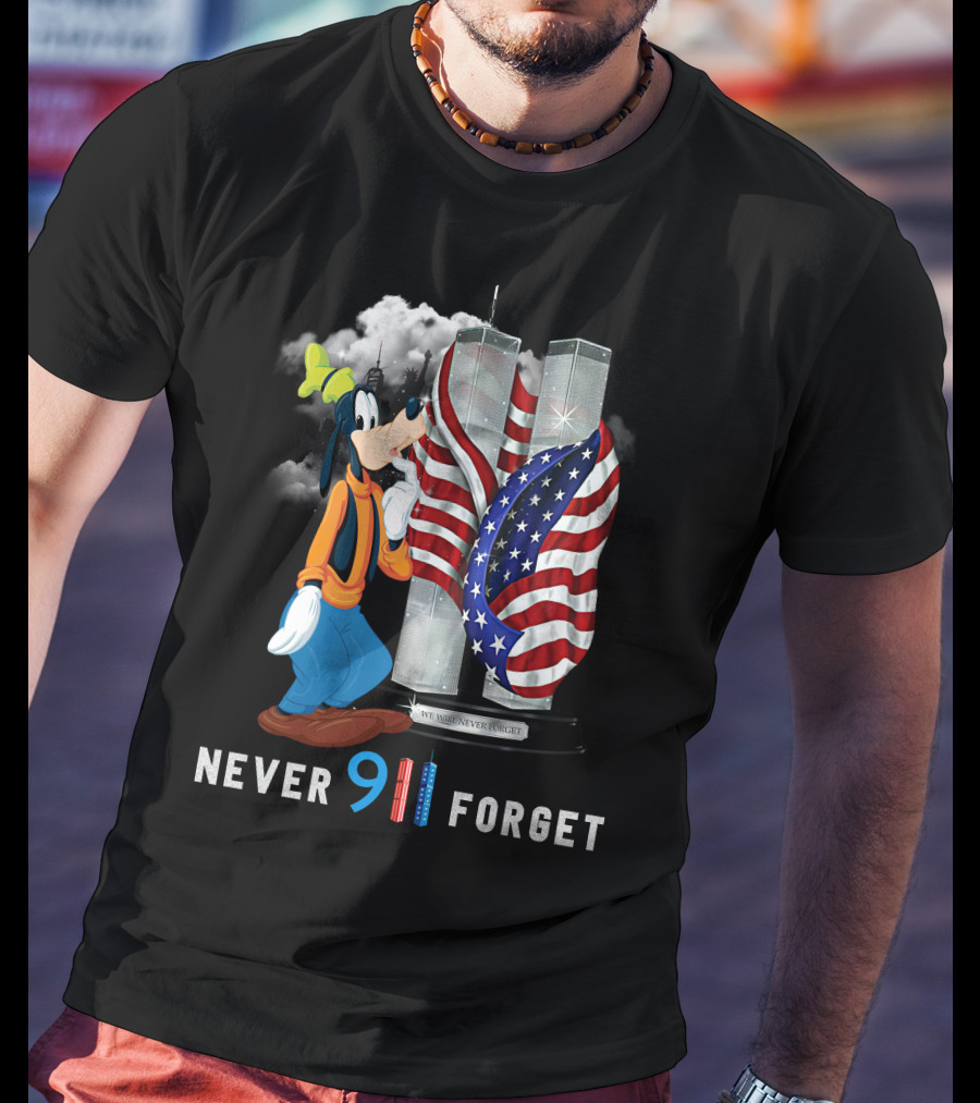 Never Forget Goofy 9/11 Twin Towers American Flag Memorial T-Shirt