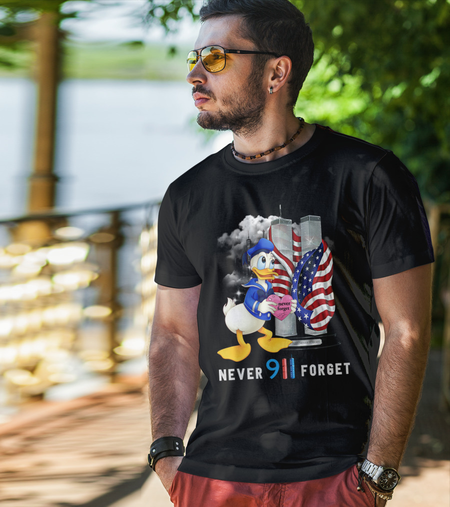 Never 911 Forget Donald Duck Twin Towers Usa Flag T-Shirt