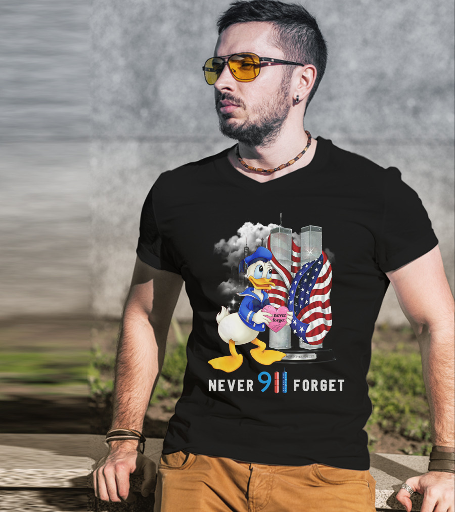 Never 911 Forget Donald Duck Twin Towers Usa Flag T-Shirt