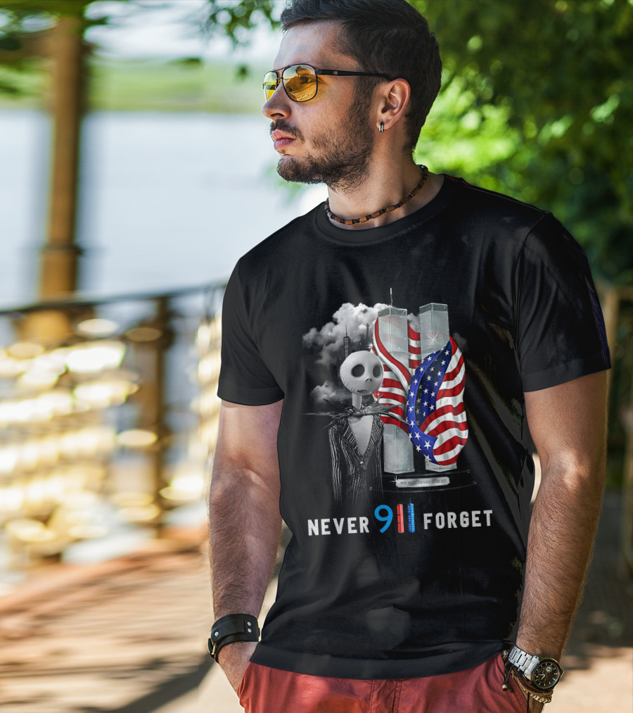 Jack Skellington 9/11 Never Forget Twin Towers American Flag T-Shirt