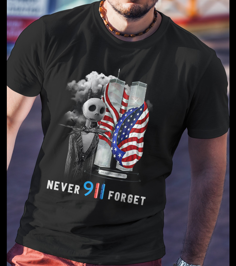 Jack Skellington 9/11 Never Forget Twin Towers American Flag T-Shirt