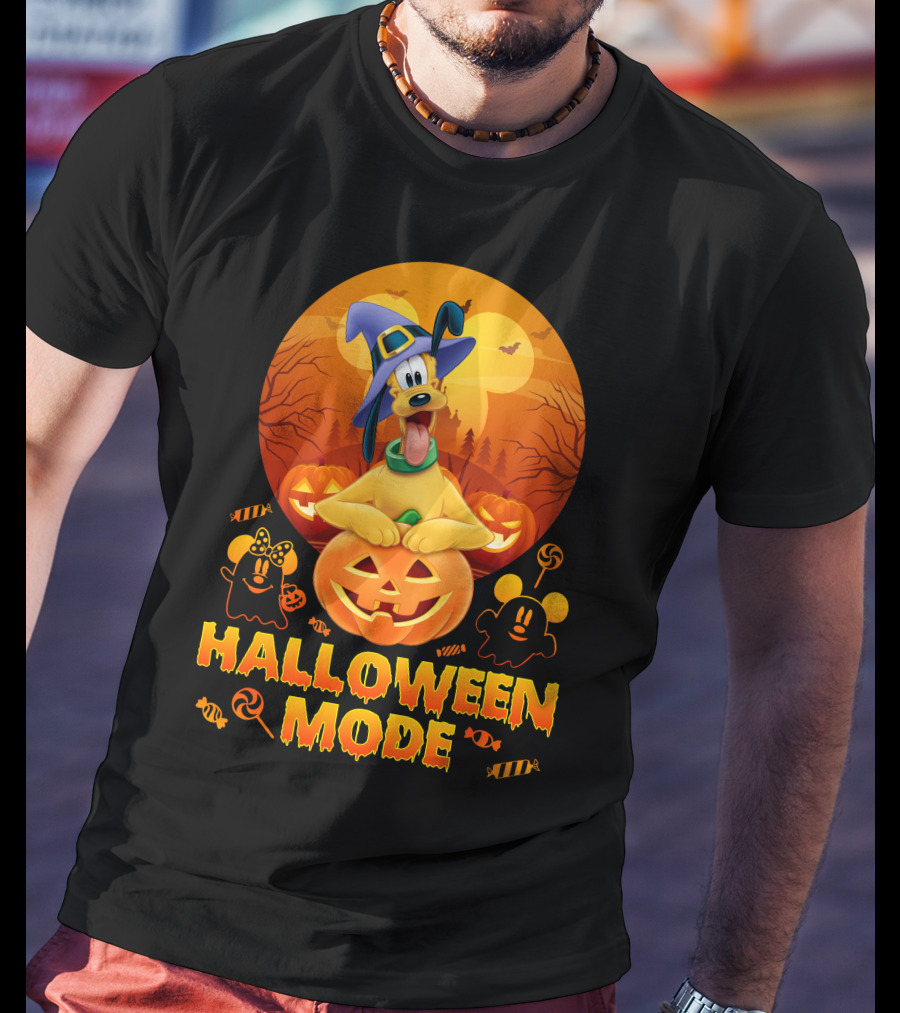 Pluto Halloween Mode With Witch Hat And Pumpkin Decorations T-Shirt