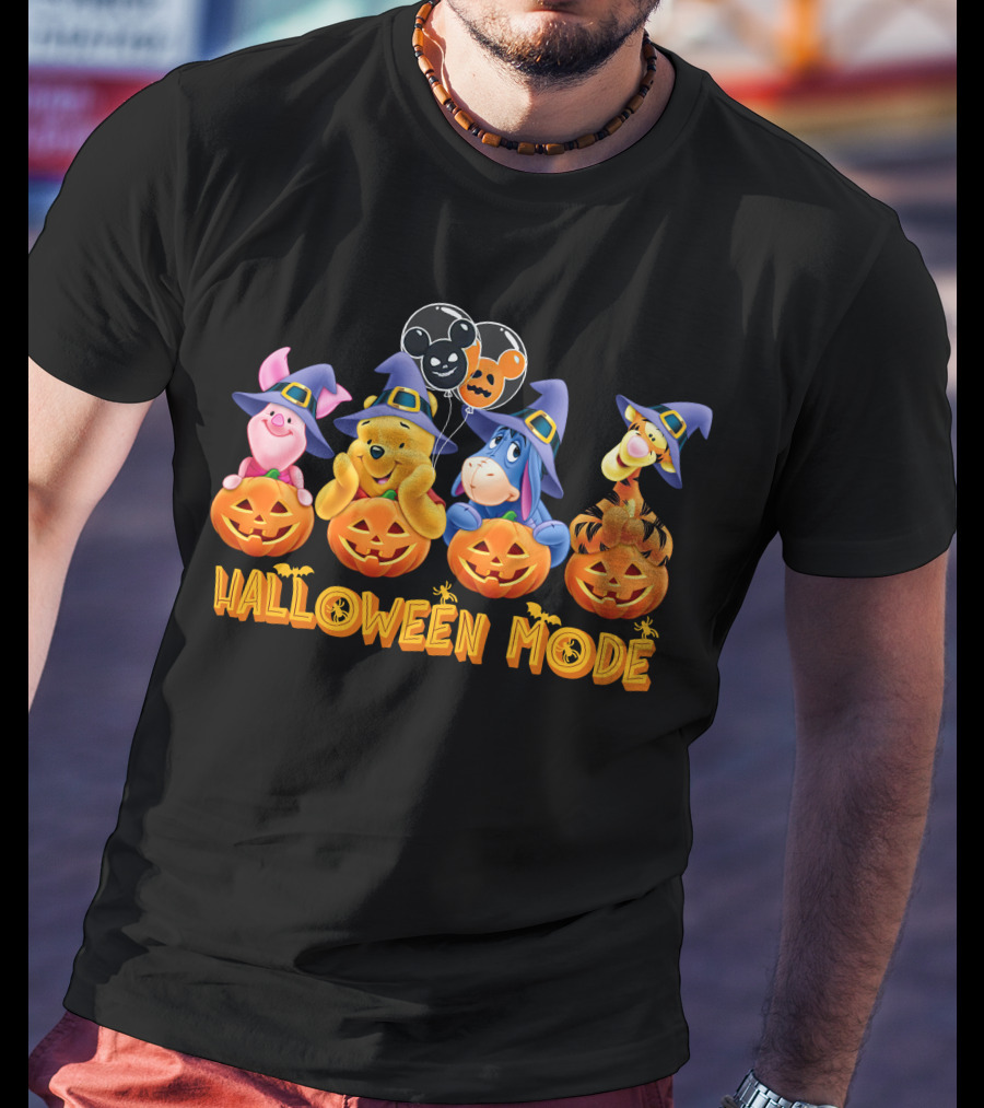 Halloween Mode Winnie The Pooh Characters With Pumpkins And Balloons T-Shirt