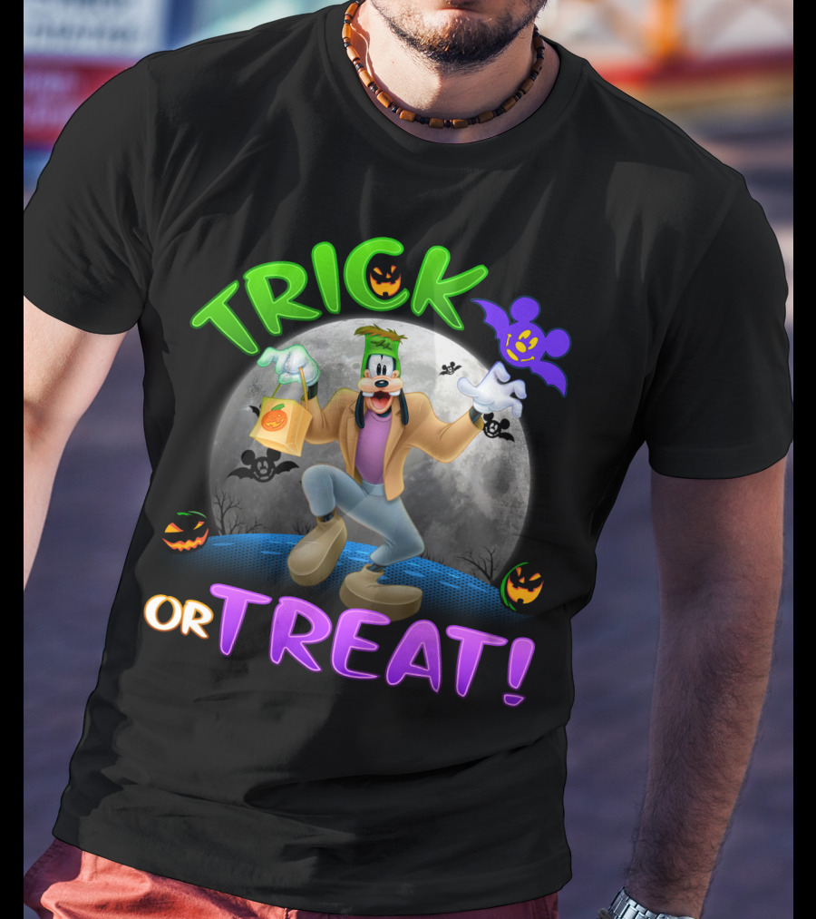 Trick Or Treat Goofy Halloween Moon Bat Pumpkin T-Shirt